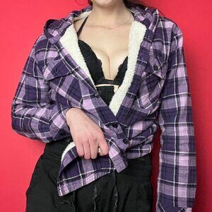 Purple and black fluffy plaid hooded sweater /  jacket​​​​​​​​​​​​